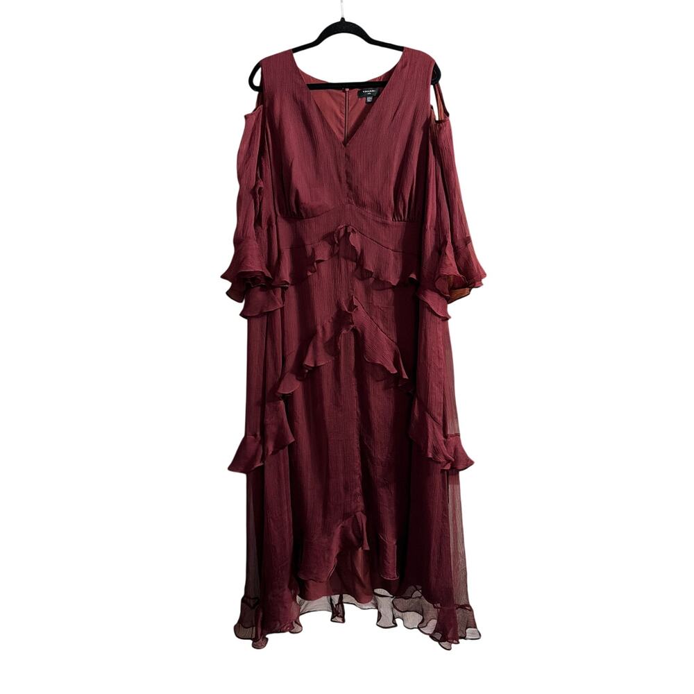 Tahari Women's Plus Size Burgundy Cold Shoulder Ruffle Gown Size 22W